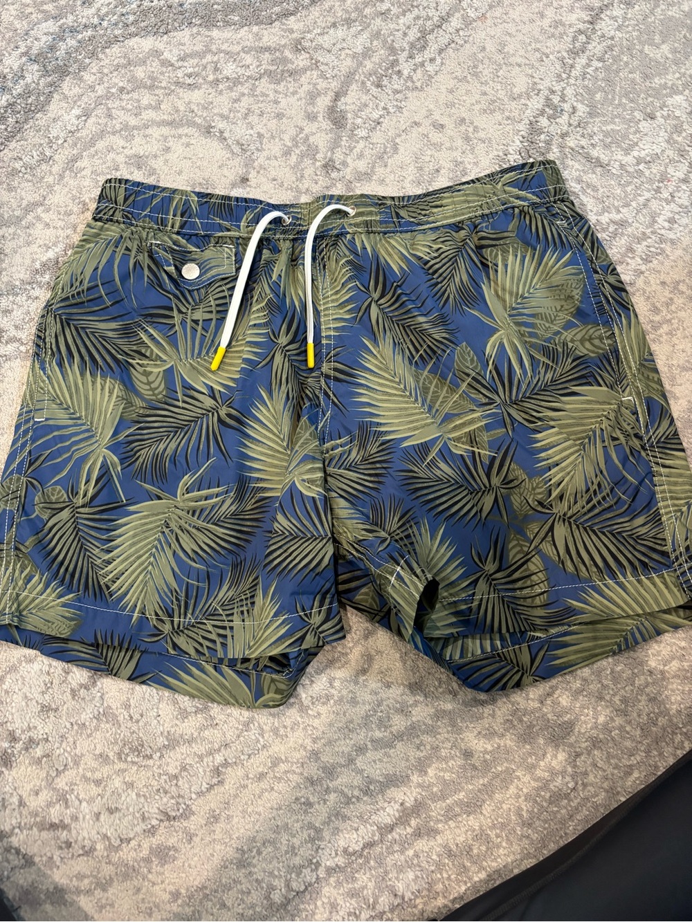 Hartford Blue Swim Trunks with Olive Palm Print